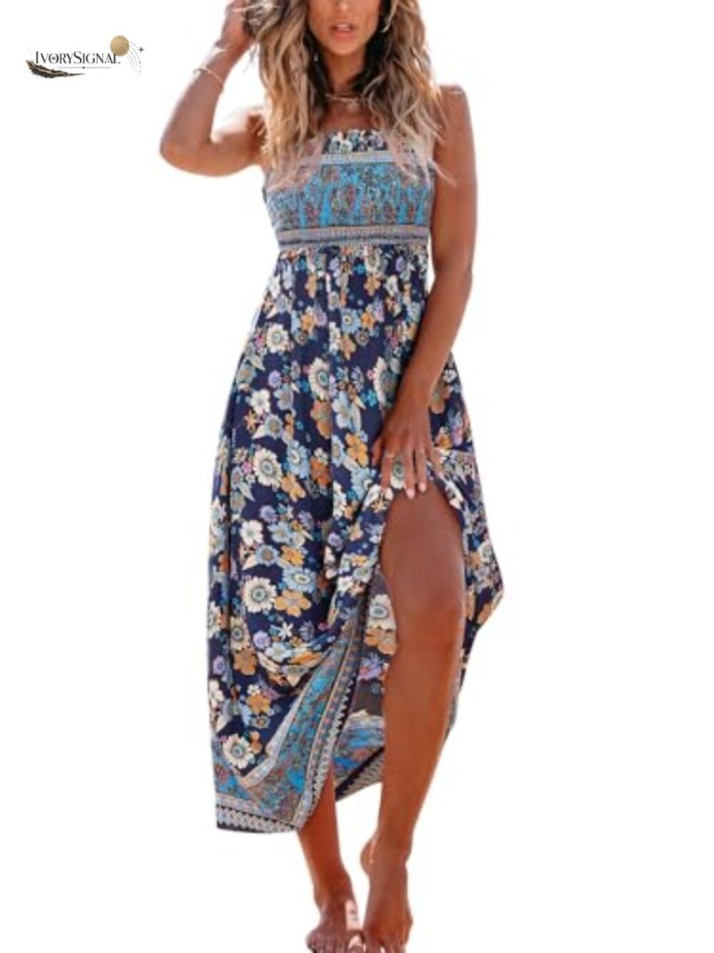 Smocked Floral Maxi Dress Sleeveless Square Neck A-Line